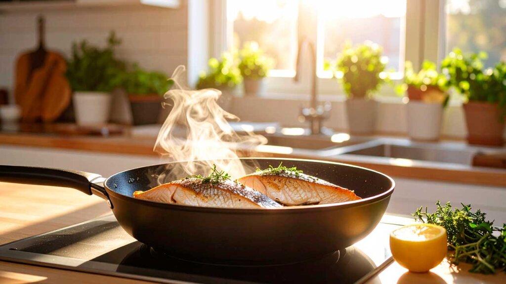 Filetes de dorada, trucha o lubina, de Mares y Ríos de España, con piel crujiente en sartén caliente