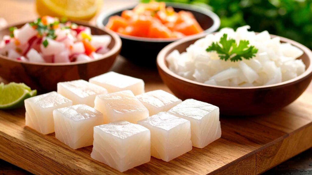 Lomos limpios de pescado blanco cortados en dados y láminas finas, presentación tipo ceviche y sushi en tabla de cortar. Pescado Fresco de nuestros Mares y Ríos