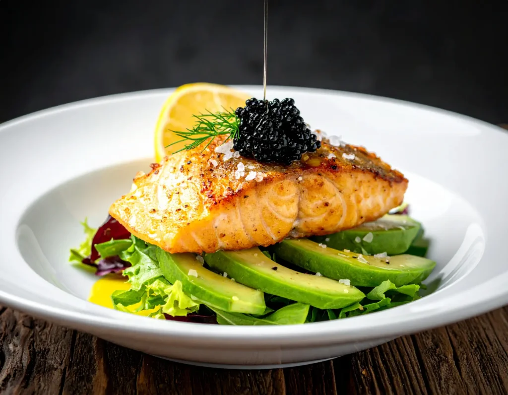 Ensalada templada de dorada (o lubina) de España con un toque de caviar