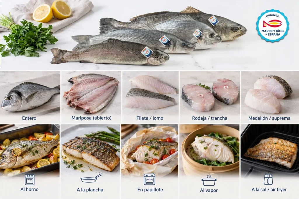 Cortes y técnicas de cocina para dorada, lubina, corvina y trucha